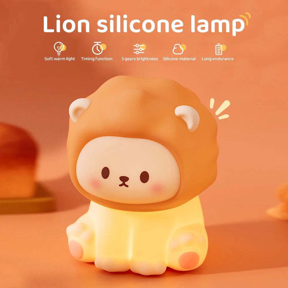Kawaii Lion Night Light Rechargeable 3 Level Dimmable Silicone Sleeping Light Bedside Lamp Nursery Nightlights For Bedroom - TRENSET