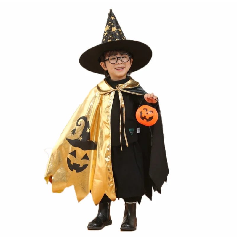Kids Halloween Unisex Witch Cosplay Cloak + Witch Hat 2 Piece Costume Carnival Party Fancy Gold Black Color Blocking Dress Cape - TRENSET
