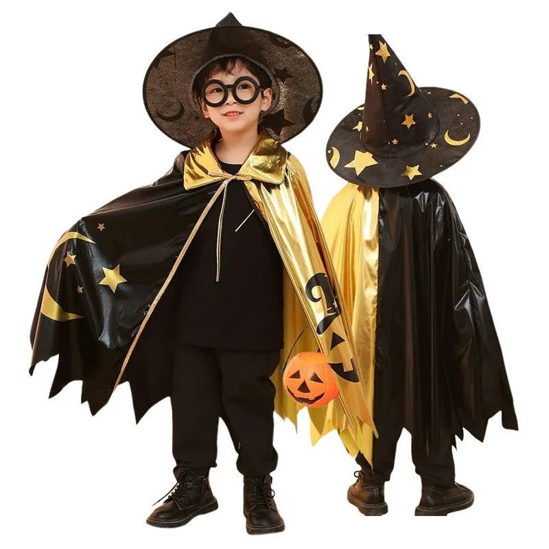 Kids Halloween Unisex Witch Cosplay Cloak + Witch Hat 2 Piece Costume Carnival Party Fancy Gold Black Color Blocking Dress Cape - TRENSET