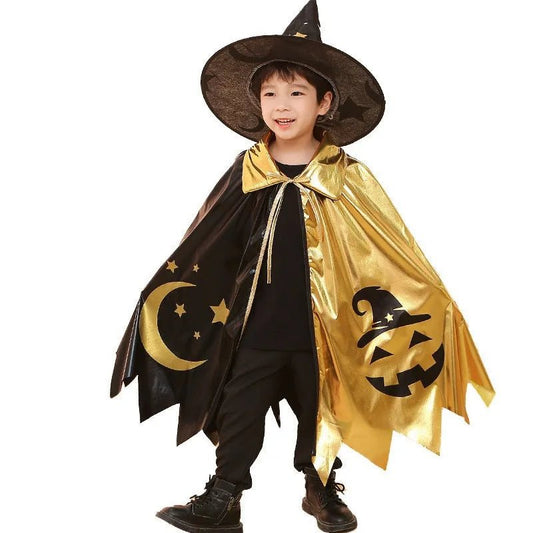 Kids Halloween Unisex Witch Cosplay Cloak + Witch Hat 2 Piece Costume Carnival Party Fancy Gold Black Color Blocking Dress Cape - TRENSET