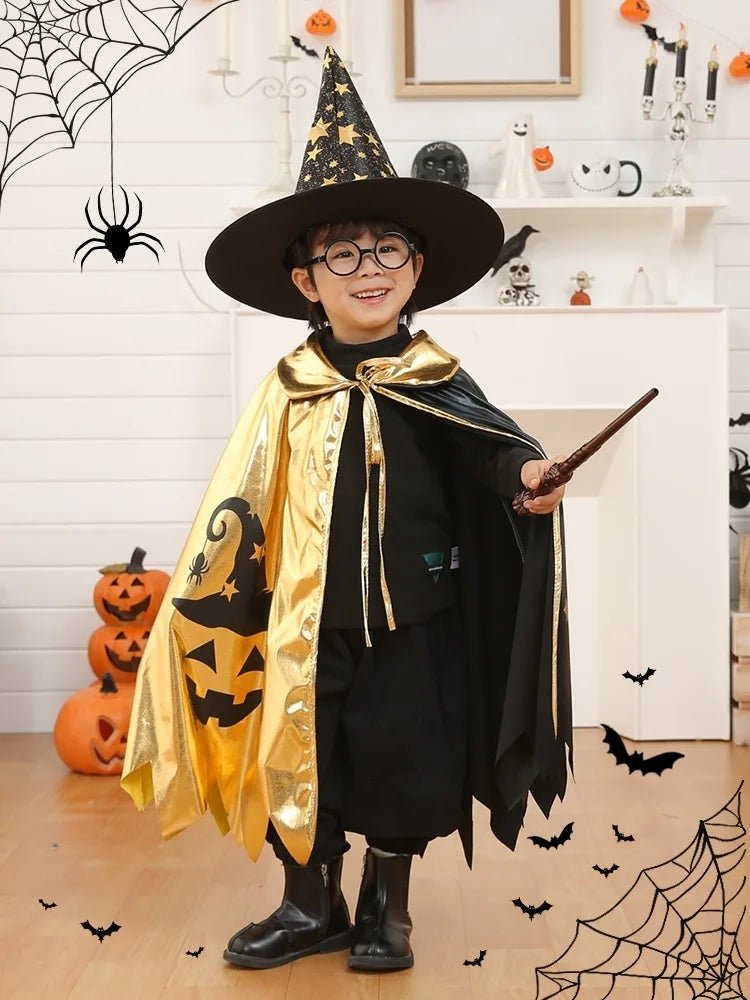 Kids Halloween Unisex Witch Cosplay Cloak + Witch Hat 2 Piece Costume Carnival Party Fancy Gold Black Color Blocking Dress Cape - TRENSET