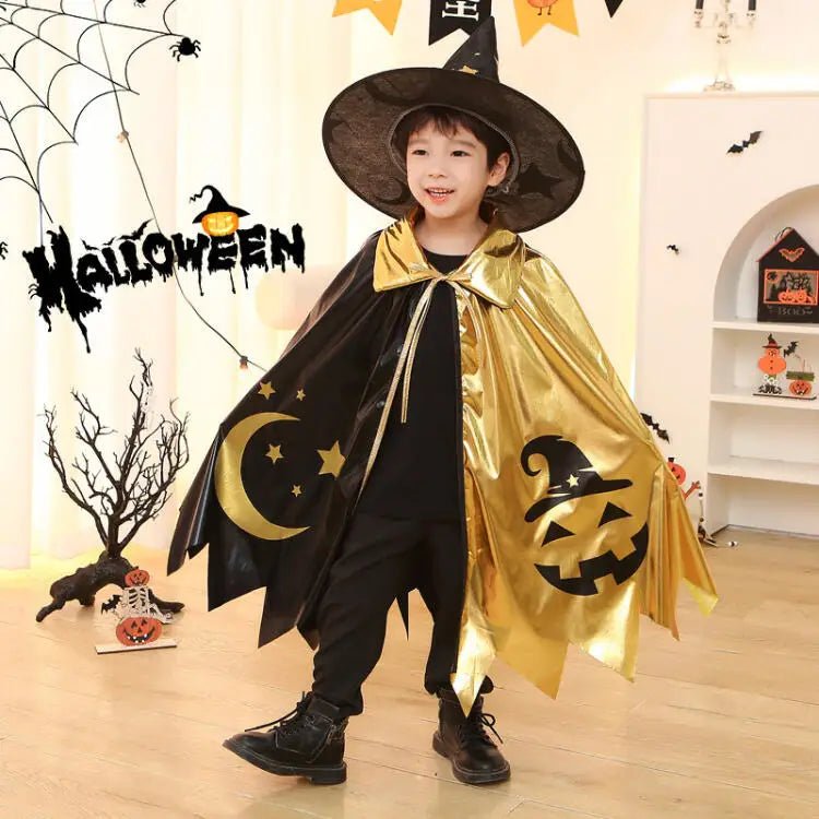 Kids Halloween Unisex Witch Cosplay Cloak + Witch Hat 2 Piece Costume Carnival Party Fancy Gold Black Color Blocking Dress Cape - TRENSET