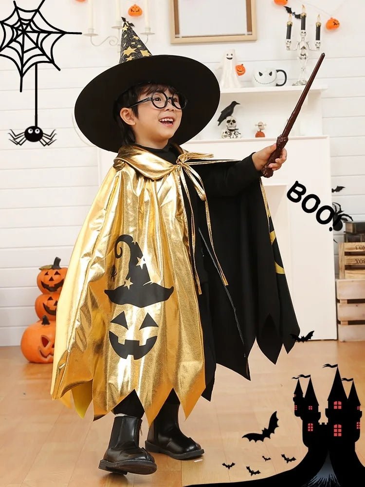 Kids Halloween Unisex Witch Cosplay Cloak + Witch Hat 2 Piece Costume Carnival Party Fancy Gold Black Color Blocking Dress Cape - TRENSET