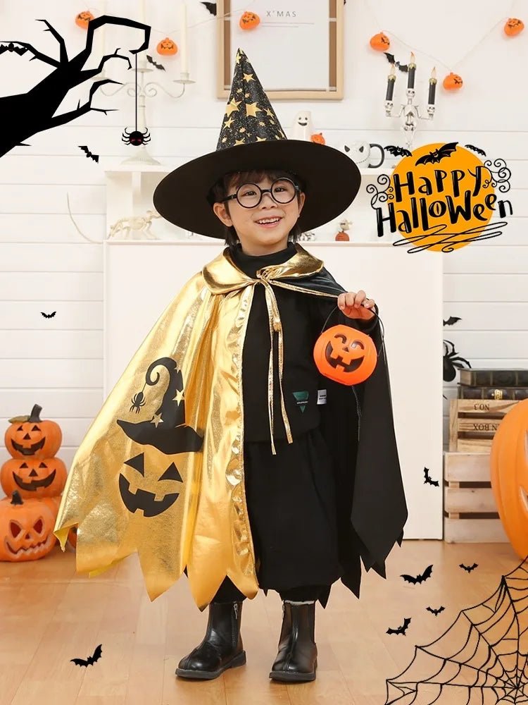 Kids Halloween Unisex Witch Cosplay Cloak + Witch Hat 2 Piece Costume Carnival Party Fancy Gold Black Color Blocking Dress Cape - TRENSET