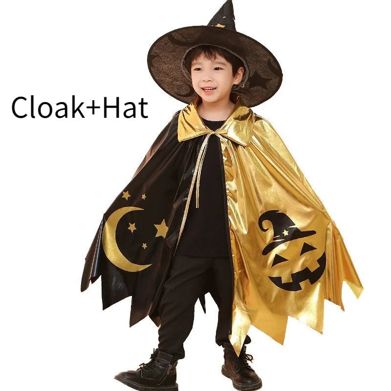Kids Halloween Unisex Witch Cosplay Cloak + Witch Hat 2 Piece Costume Carnival Party Fancy Gold Black Color Blocking Dress Cape - TRENSET