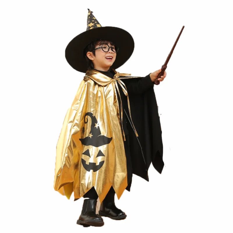 Kids Halloween Unisex Witch Cosplay Cloak + Witch Hat 2 Piece Costume Carnival Party Fancy Gold Black Color Blocking Dress Cape - TRENSET