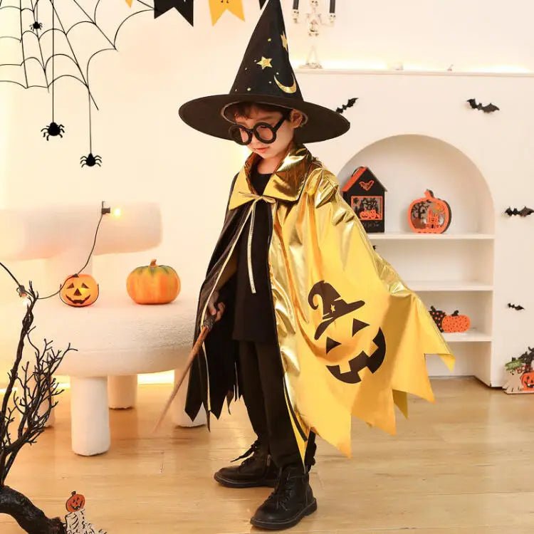 Kids Halloween Unisex Witch Cosplay Cloak + Witch Hat 2 Piece Costume Carnival Party Fancy Gold Black Color Blocking Dress Cape - TRENSET