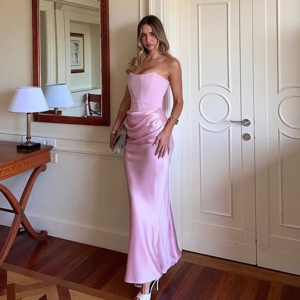 Mingmingxi 2025 Women's Evening Dress Strapless Pink Prom Party Dresses Sexy Satin Long Corset Dress Elegant Maxi Gala Dresses - TRENSET