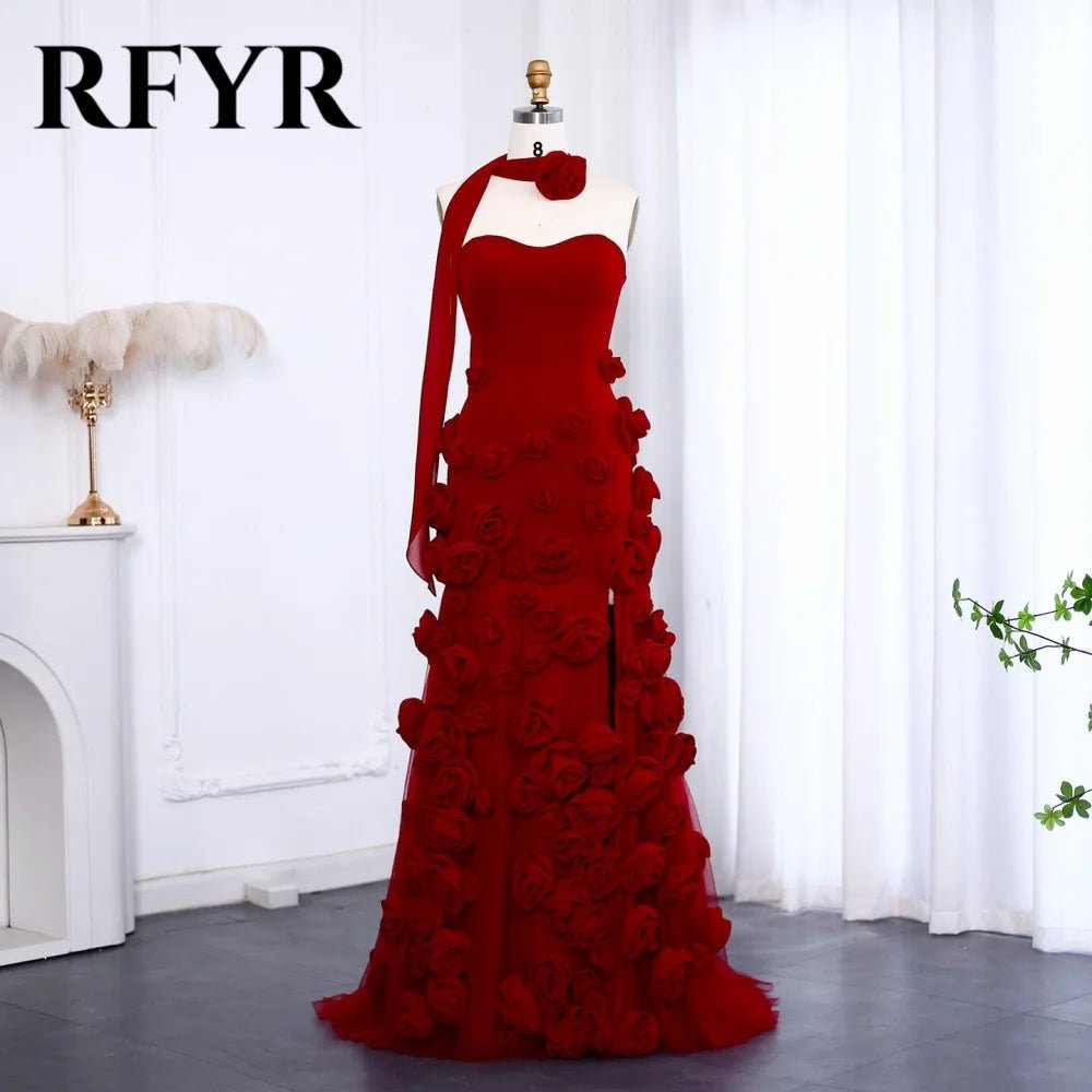 RFYR Pink Mermaid Charming Prom Dress 3D Flower Formal Gown Sleevesless Evening Gown with Side Slit vestidos de noche Customized - TRENSET