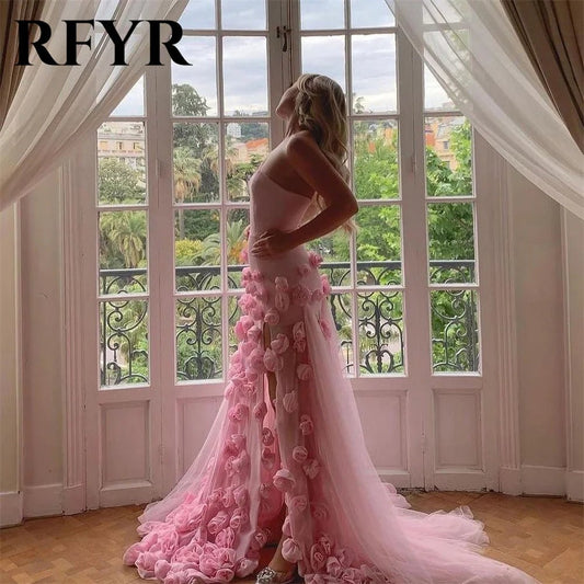 RFYR Pink Mermaid Charming Prom Dress 3D Flower Formal Gown Sleevesless Evening Gown with Side Slit vestidos de noche Customized - TRENSET