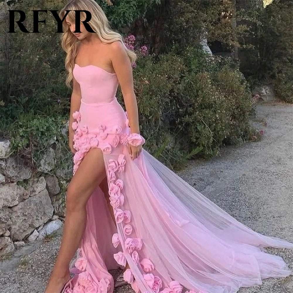 RFYR Pink Mermaid Charming Prom Dress 3D Flower Formal Gown Sleevesless Evening Gown with Side Slit vestidos de noche Customized - TRENSET