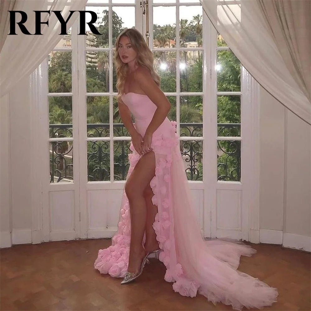 RFYR Pink Mermaid Charming Prom Dress 3D Flower Formal Gown Sleevesless Evening Gown with Side Slit vestidos de noche Customized - TRENSET