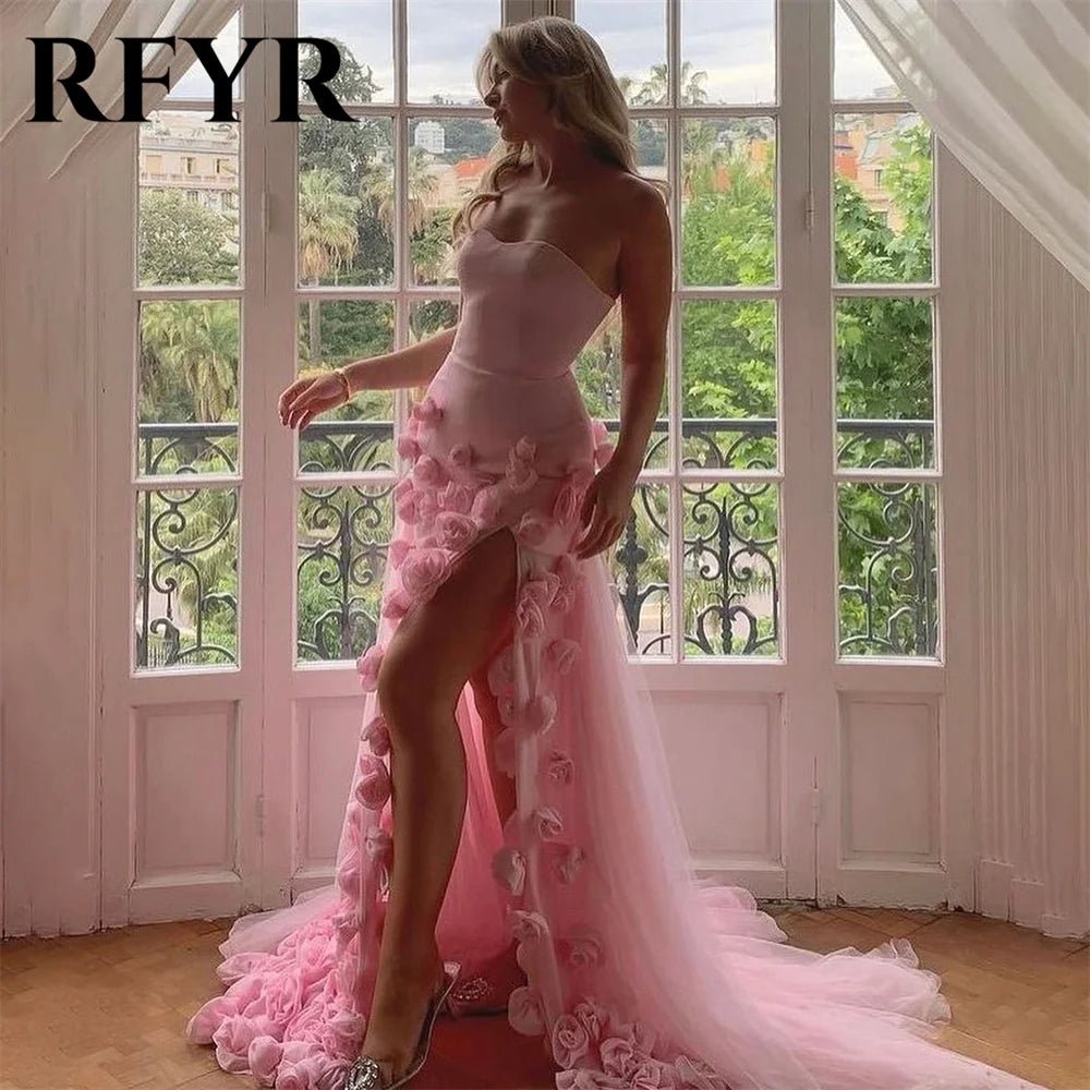 RFYR Pink Mermaid Charming Prom Dress 3D Flower Formal Gown Sleevesless Evening Gown with Side Slit vestidos de noche Customized - TRENSET