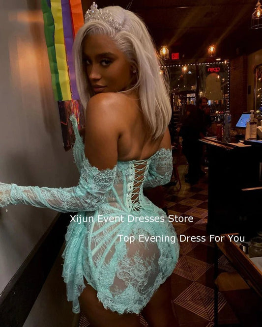 Romantic Lace Sexy Evening Dress Strapless Half Sleeves Summer Short Prom Gowns Saudi Arabia For Special Occasion Plus Size 2022 - TRENSET