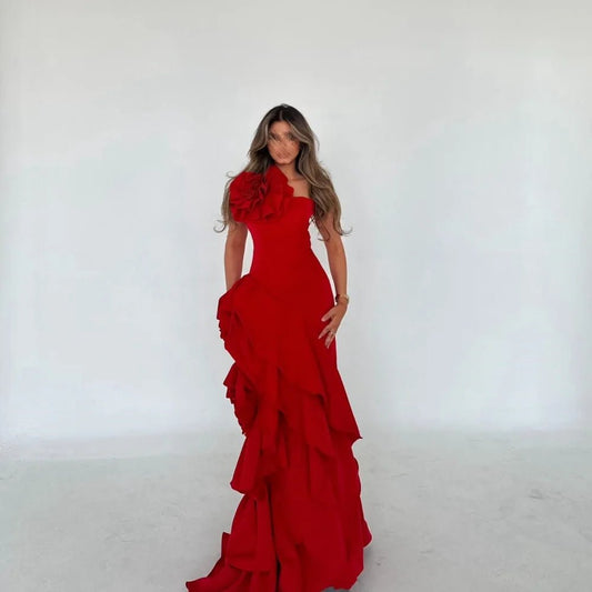 Sansa Ellegant Red 3D Floral A - line Taffeta Evening Dress Strapless Floor - Length Wedding Dresses Sleeveless vestidos de fiesta - TRENSET