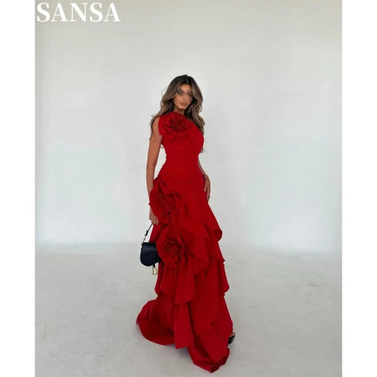 Sansa Ellegant Red 3D Floral A - line Taffeta Evening Dress Strapless Floor - Length Wedding Dresses Sleeveless vestidos de fiesta - TRENSET