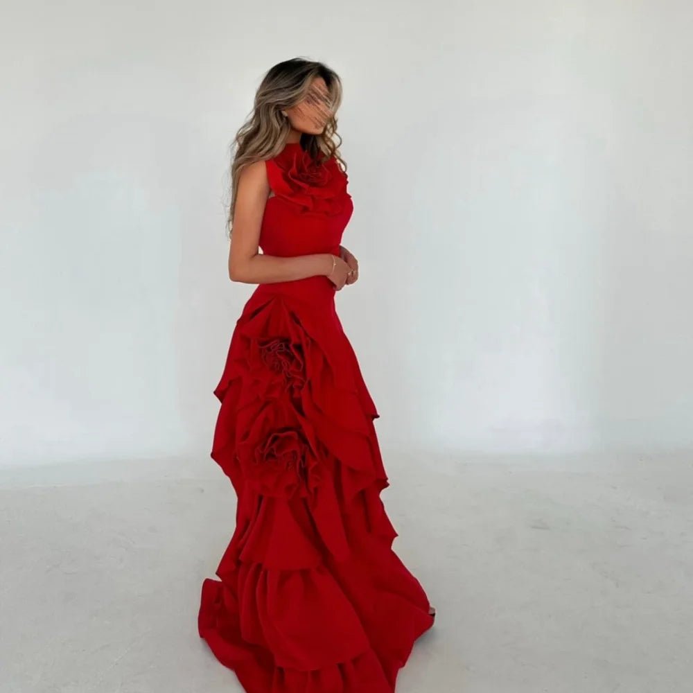 Sansa Ellegant Red 3D Floral A - line Taffeta Evening Dress Strapless Floor - Length Wedding Dresses Sleeveless vestidos de fiesta - TRENSET