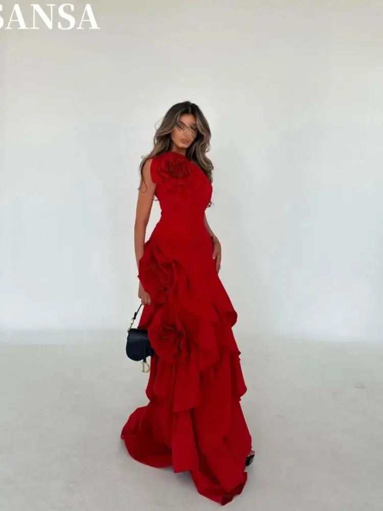 Sansa Ellegant Red 3D Floral A - line Taffeta Evening Dress Strapless Floor - Length Wedding Dresses Sleeveless vestidos de fiesta - TRENSET