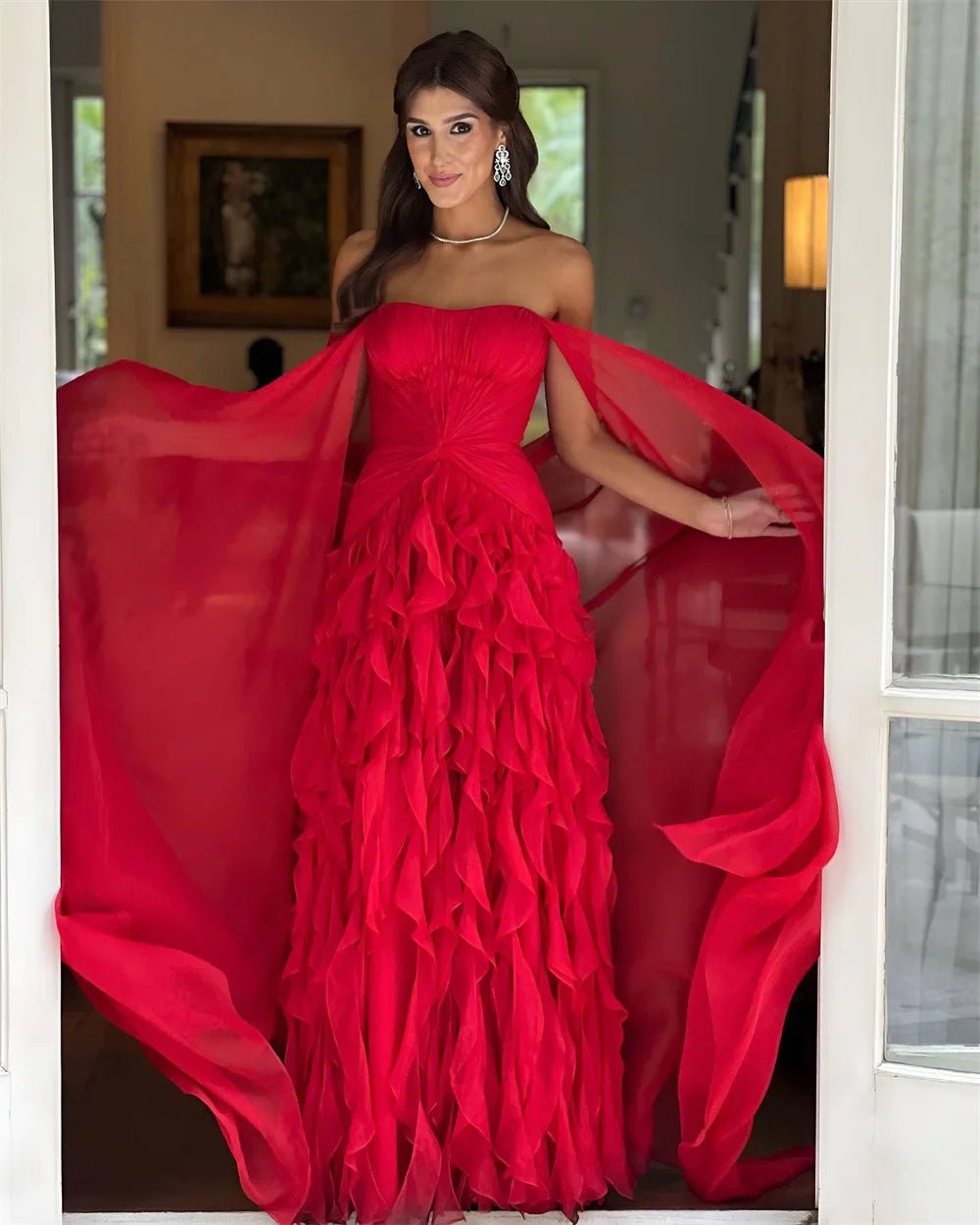 Sansa Strapless A - Line Lace Prom Dress Detachable Shawl Customized Party Dress Floor - Length Zip Evening Dresses - TRENSET