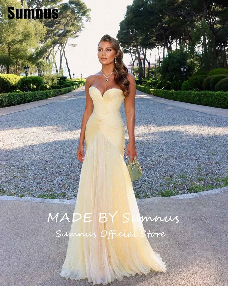 Sumnus Charming Mermaid Yellow Prom Dress Sweetheart Pleats Sleeveless Party Dresses Floor - Length Evening Dress Customized - TRENSET