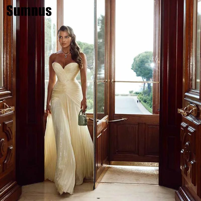 Sumnus Charming Mermaid Yellow Prom Dress Sweetheart Pleats Sleeveless Party Dresses Floor - Length Evening Dress Customized - TRENSET