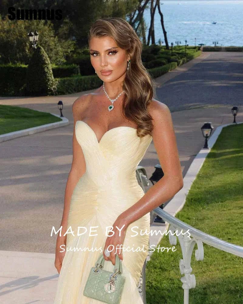 Sumnus Charming Mermaid Yellow Prom Dress Sweetheart Pleats Sleeveless Party Dresses Floor - Length Evening Dress Customized - TRENSET