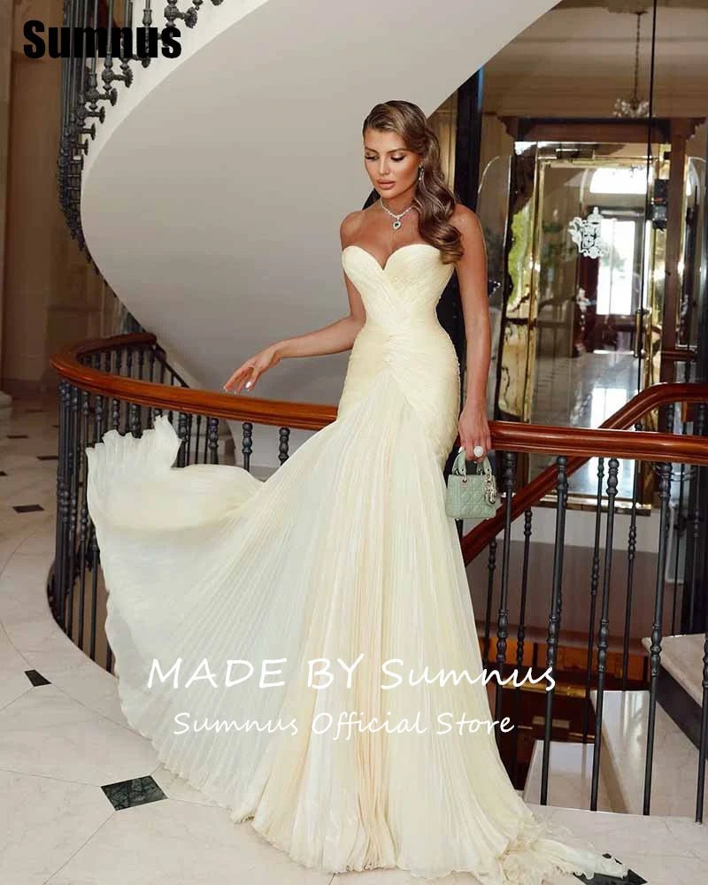 Sumnus Charming Mermaid Yellow Prom Dress Sweetheart Pleats Sleeveless Party Dresses Floor - Length Evening Dress Customized - TRENSET