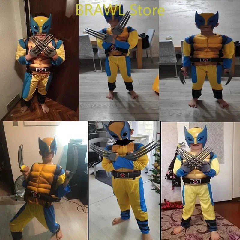 Wolverine Cosplay Costume Kids Wolf Black Superhero Panther Claws Mask Jumpsuit Halloween Bodysuit Muscle Suit for Child Gift - TRENSET