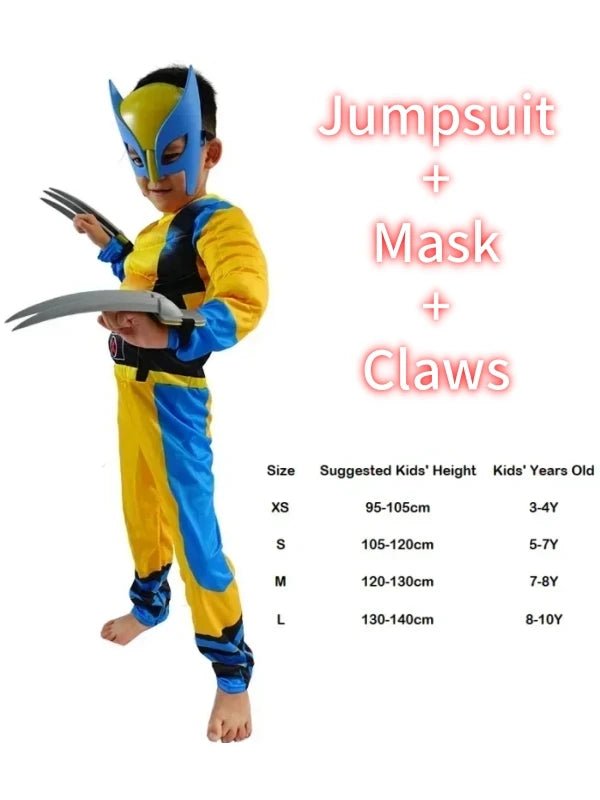 Wolverine Cosplay Costume Kids Wolf Black Superhero Panther Claws Mask Jumpsuit Halloween Bodysuit Muscle Suit for Child Gift - TRENSET