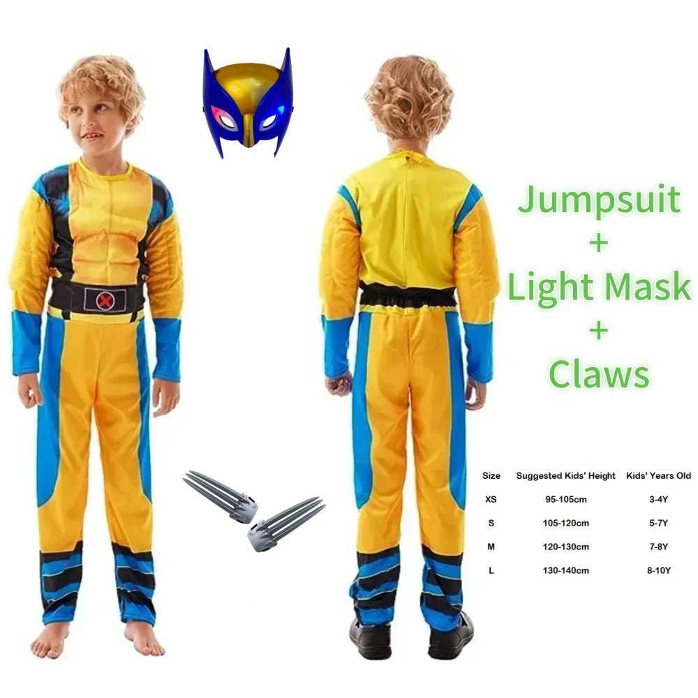 Wolverine Cosplay Costume Kids Wolf Black Superhero Panther Claws Mask Jumpsuit Halloween Bodysuit Muscle Suit for Child Gift - TRENSET