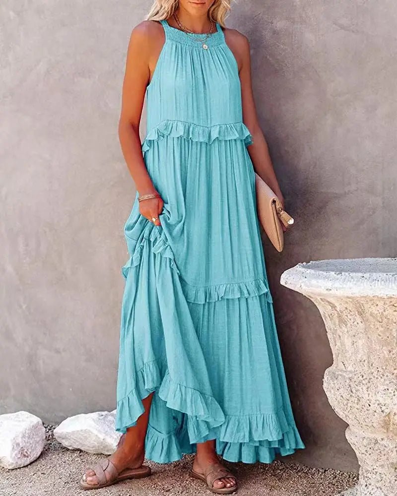Women Casual Solid Ruffles Long Dress Summer Elegant Sleeveless Sundress Elegant Harajuku Maxi Dress Beach Party Evening Vestido - TRENSET
