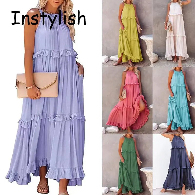 Women Casual Solid Ruffles Long Dress Summer Elegant Sleeveless Sundress Elegant Harajuku Maxi Dress Beach Party Evening Vestido - TRENSET