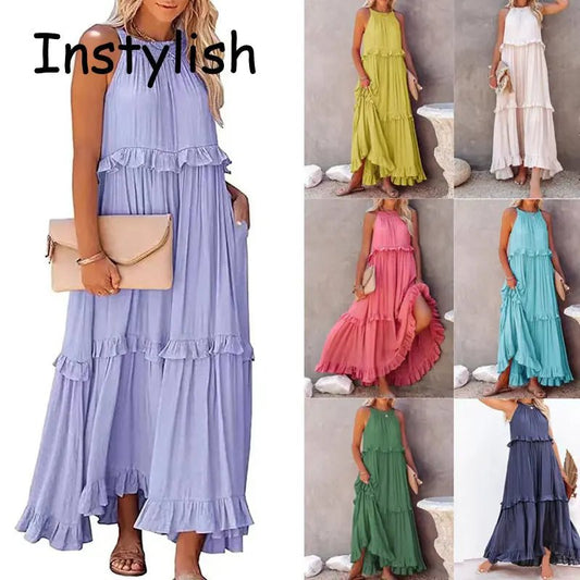 Women Casual Solid Ruffles Long Dress Summer Elegant Sleeveless Sundress Elegant Harajuku Maxi Dress Beach Party Evening Vestido - TRENSET