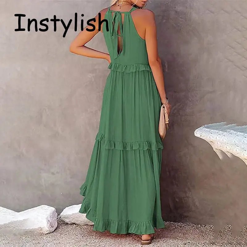 Women Casual Solid Ruffles Long Dress Summer Elegant Sleeveless Sundress Elegant Harajuku Maxi Dress Beach Party Evening Vestido - TRENSET