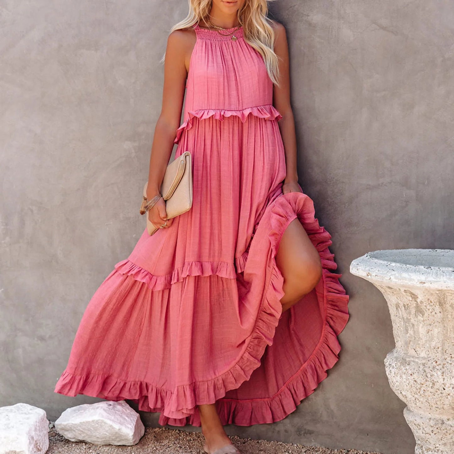 Women Casual Solid Ruffles Long Dress Summer Elegant Sleeveless Sundress Elegant Harajuku Maxi Dress Beach Party Evening Vestido - TRENSET