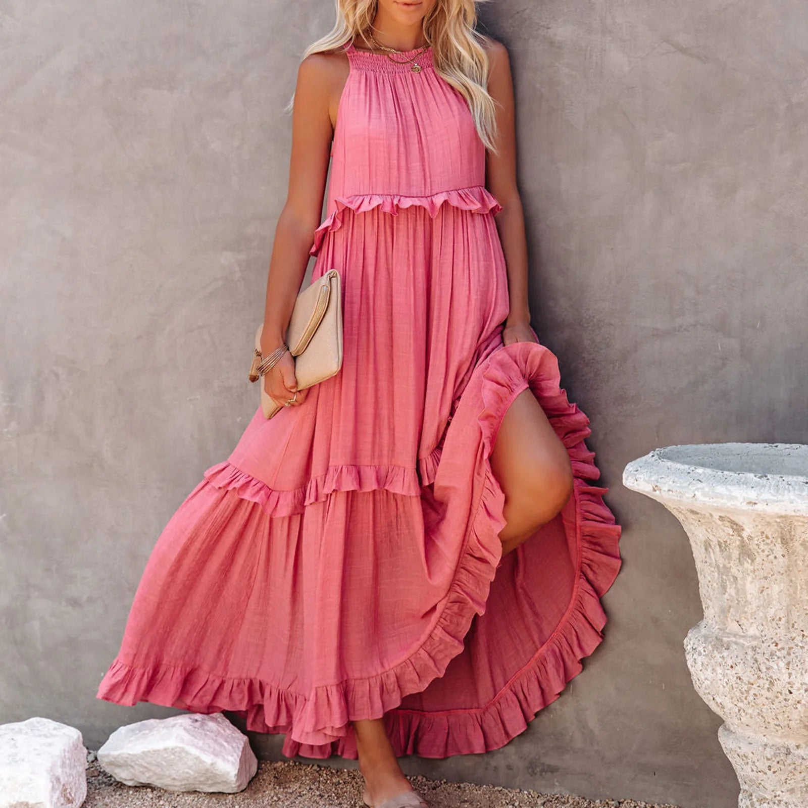 Women Casual Solid Ruffles Long Dress Summer Elegant Sleeveless Sundress Elegant Harajuku Maxi Dress Beach Party Evening Vestido - TRENSET