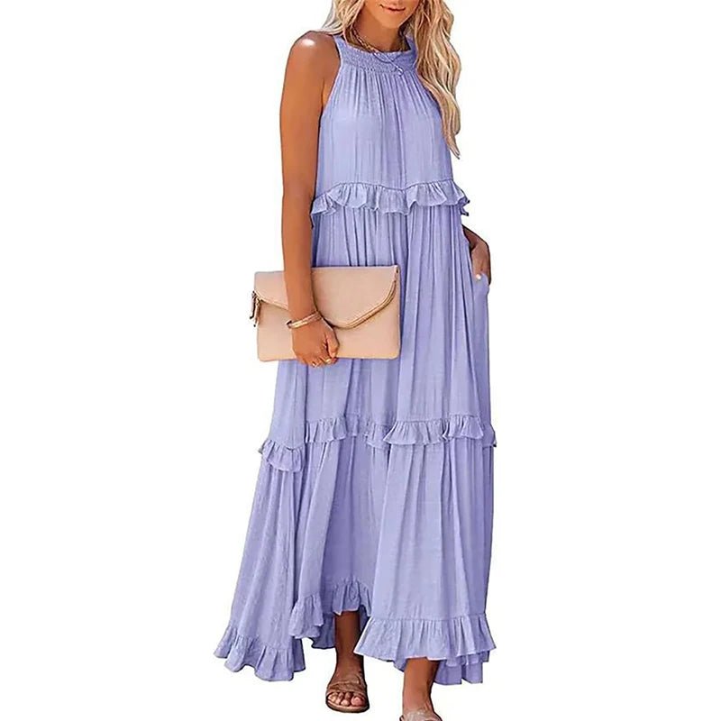 Women Casual Solid Ruffles Long Dress Summer Elegant Sleeveless Sundress Elegant Harajuku Maxi Dress Beach Party Evening Vestido - TRENSET