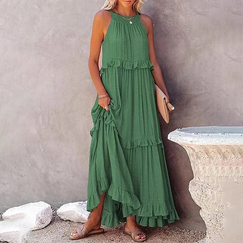 Women Casual Solid Ruffles Long Dress Summer Elegant Sleeveless Sundress Elegant Harajuku Maxi Dress Beach Party Evening Vestido - TRENSET