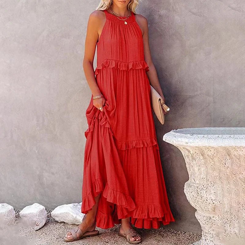 Women Casual Solid Ruffles Long Dress Summer Elegant Sleeveless Sundress Elegant Harajuku Maxi Dress Beach Party Evening Vestido - TRENSET