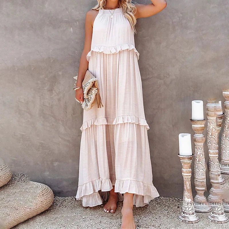 Women Casual Solid Ruffles Long Dress Summer Elegant Sleeveless Sundress Elegant Harajuku Maxi Dress Beach Party Evening Vestido - TRENSET