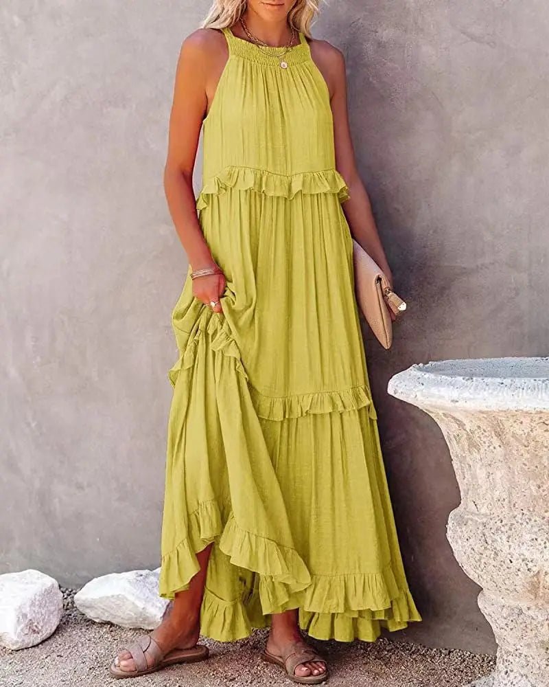 Women Casual Solid Ruffles Long Dress Summer Elegant Sleeveless Sundress Elegant Harajuku Maxi Dress Beach Party Evening Vestido - TRENSET