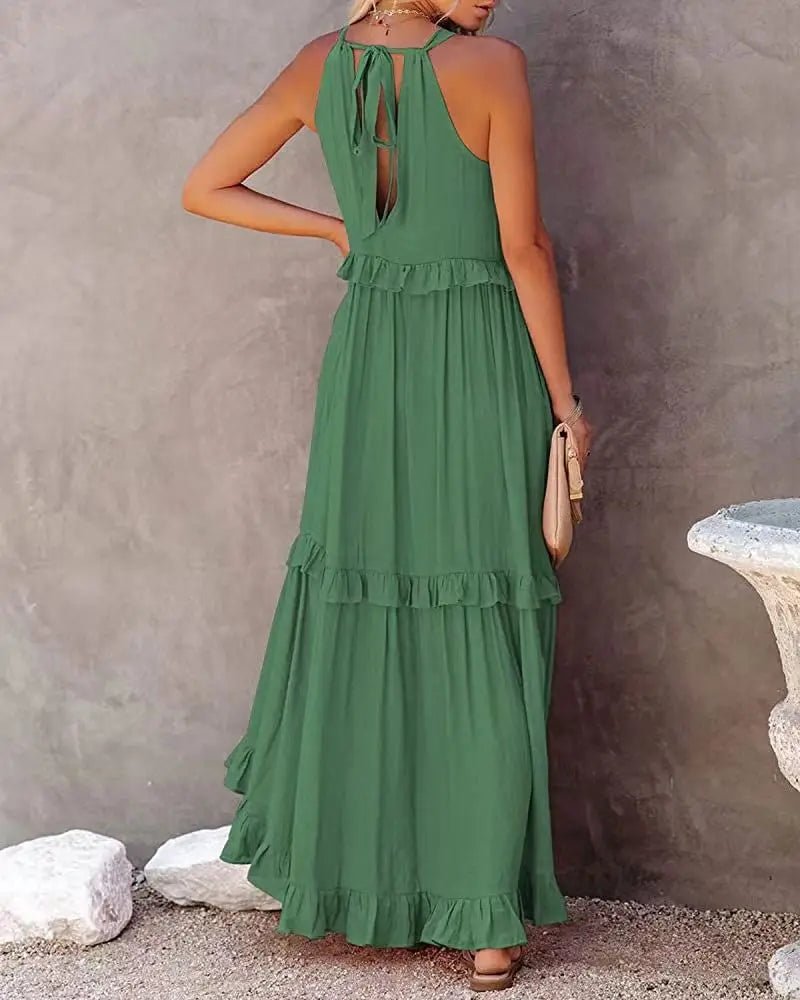 Women Casual Solid Ruffles Long Dress Summer Elegant Sleeveless Sundress Elegant Harajuku Maxi Dress Beach Party Evening Vestido - TRENSET