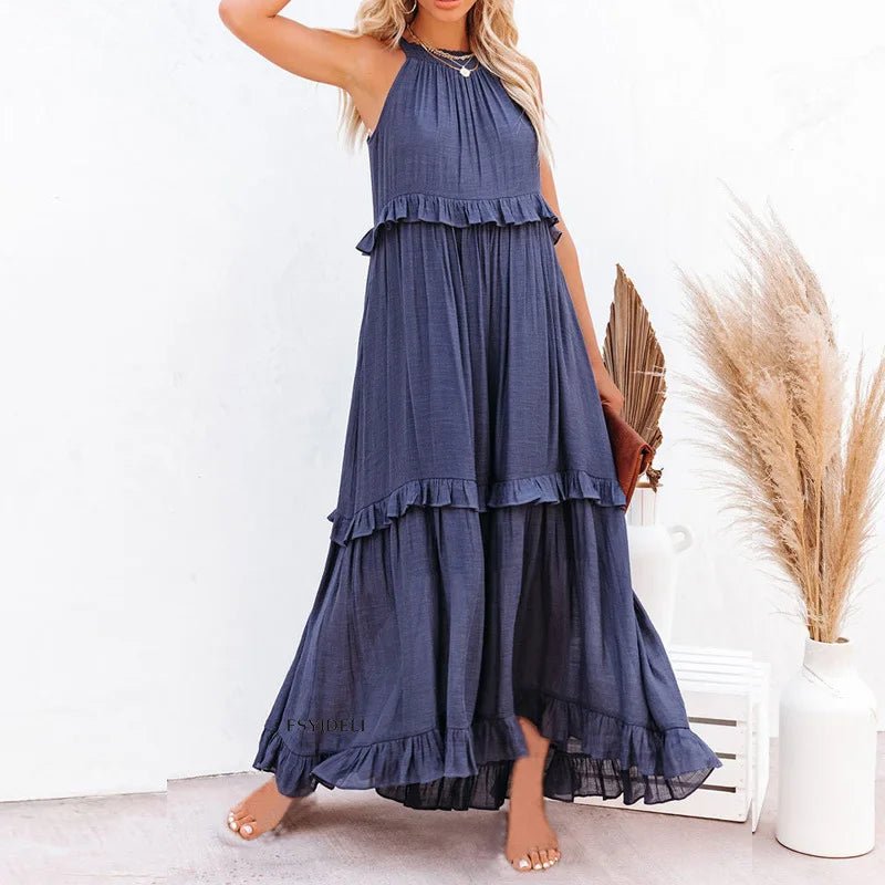 Women Casual Solid Ruffles Long Dress Summer Elegant Sleeveless Sundress Elegant Harajuku Maxi Dress Beach Party Evening Vestido - TRENSET