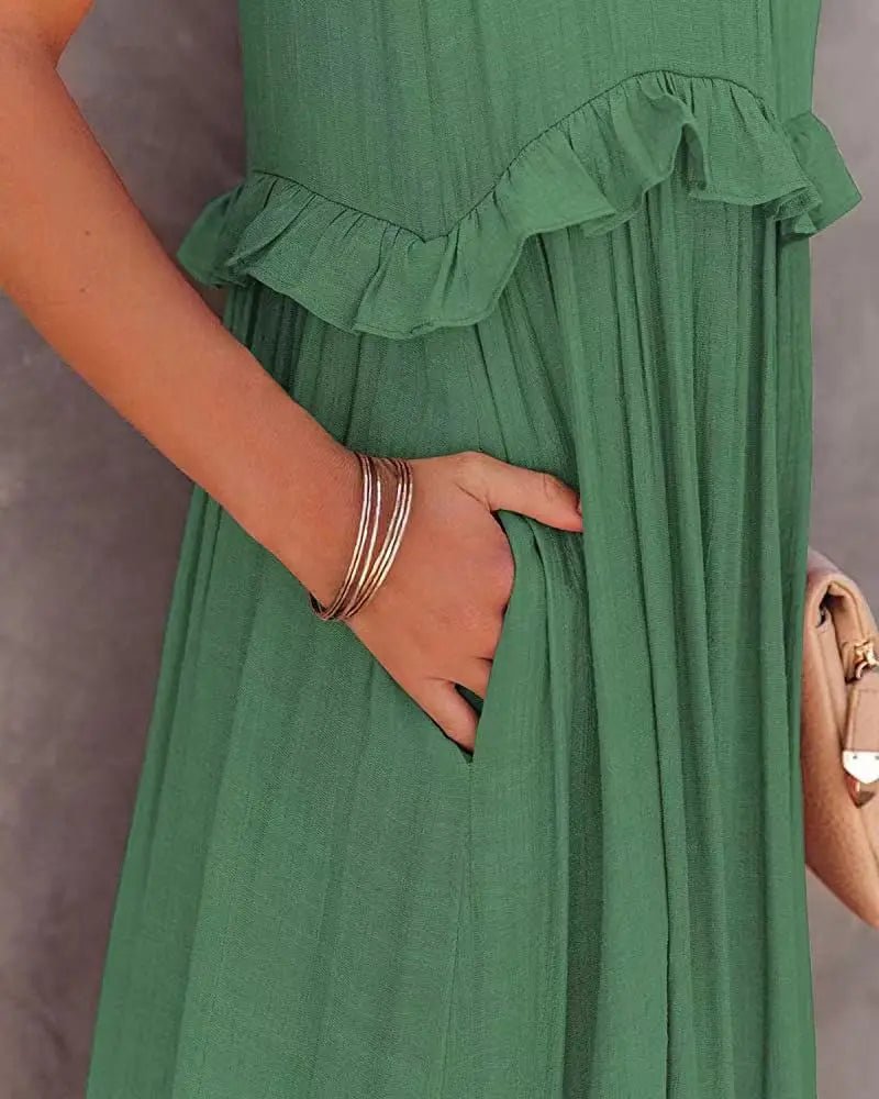 Women Casual Solid Ruffles Long Dress Summer Elegant Sleeveless Sundress Elegant Harajuku Maxi Dress Beach Party Evening Vestido - TRENSET