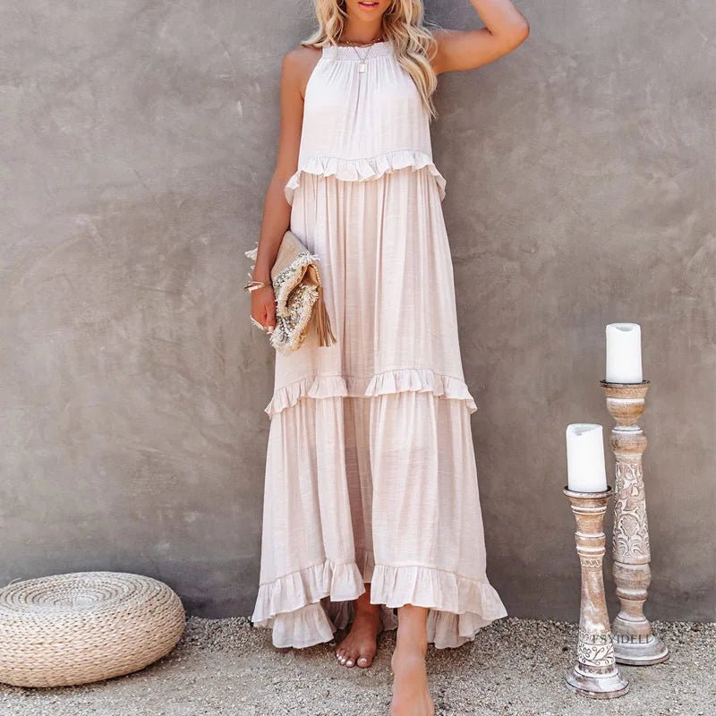 Women Casual Solid Ruffles Long Dress Summer Elegant Sleeveless Sundress Elegant Harajuku Maxi Dress Beach Party Evening Vestido - TRENSET