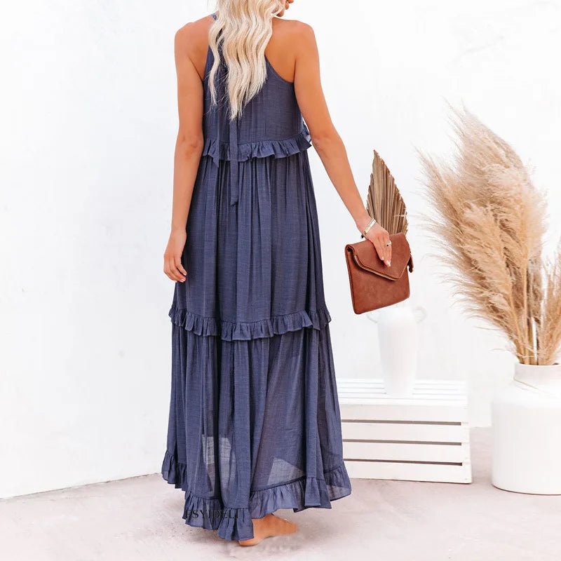 Women Casual Solid Ruffles Long Dress Summer Elegant Sleeveless Sundress Elegant Harajuku Maxi Dress Beach Party Evening Vestido - TRENSET