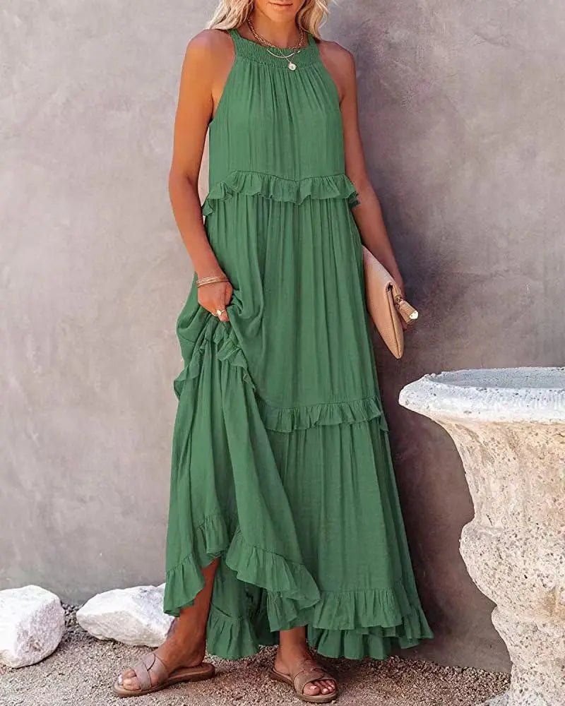Women Casual Solid Ruffles Long Dress Summer Elegant Sleeveless Sundress Elegant Harajuku Maxi Dress Beach Party Evening Vestido - TRENSET