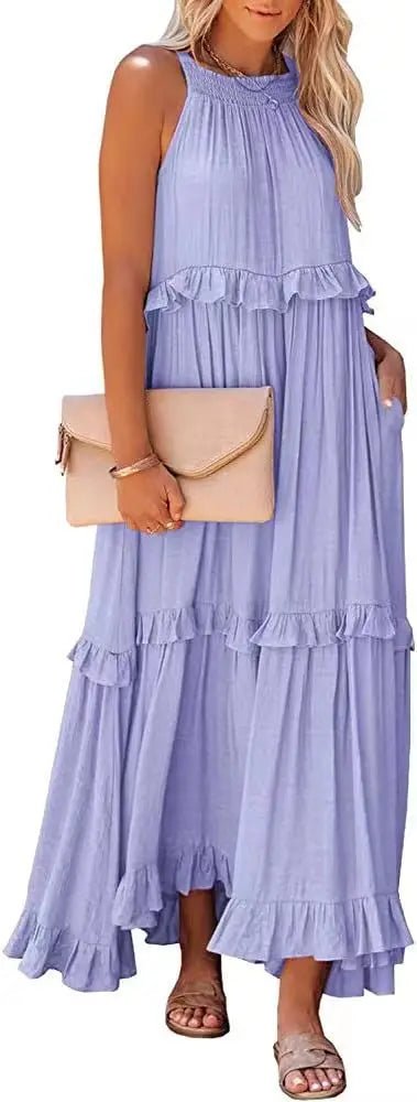 Women Casual Solid Ruffles Long Dress Summer Elegant Sleeveless Sundress Elegant Harajuku Maxi Dress Beach Party Evening Vestido - TRENSET
