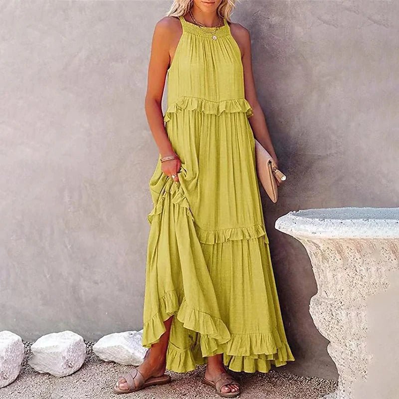 Women Casual Solid Ruffles Long Dress Summer Elegant Sleeveless Sundress Elegant Harajuku Maxi Dress Beach Party Evening Vestido - TRENSET