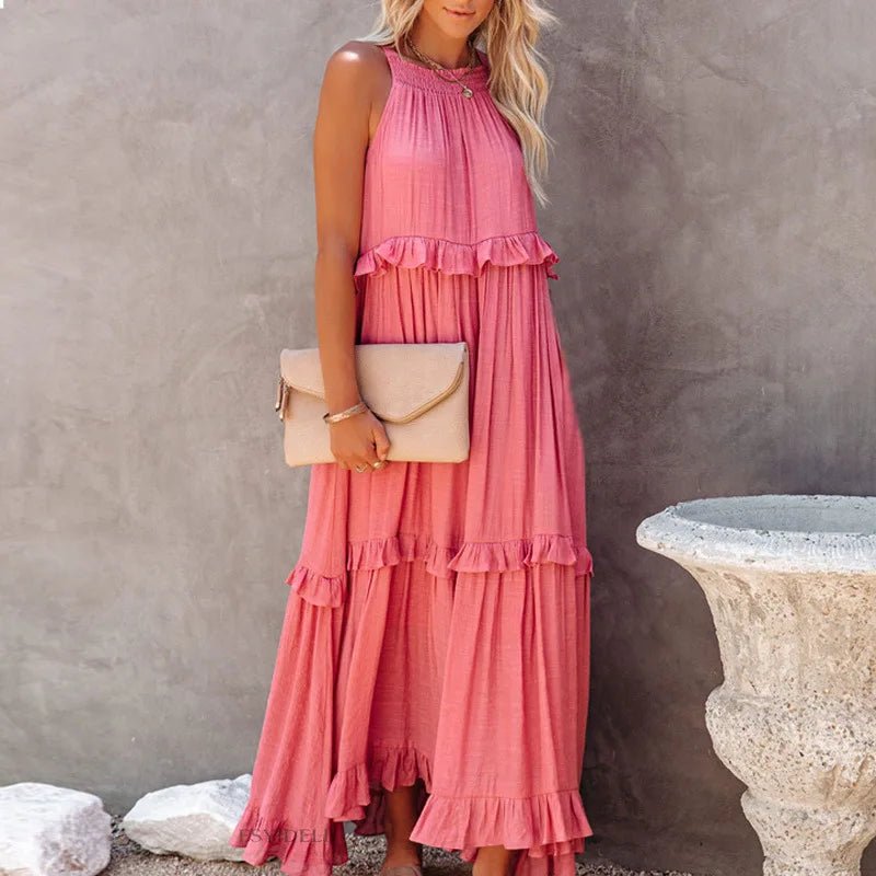 Women Casual Solid Ruffles Long Dress Summer Elegant Sleeveless Sundress Elegant Harajuku Maxi Dress Beach Party Evening Vestido - TRENSET